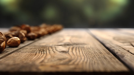 Wooden table with walnuts on bokeh background. Copy spaceの素材