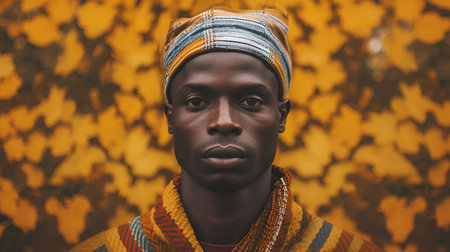 Portrait of a young African man in a yellow sweater and a bandana.の素材