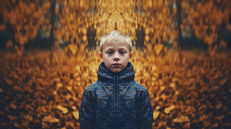 Portrait of a boy in the autumn park. Selective focus.の素材