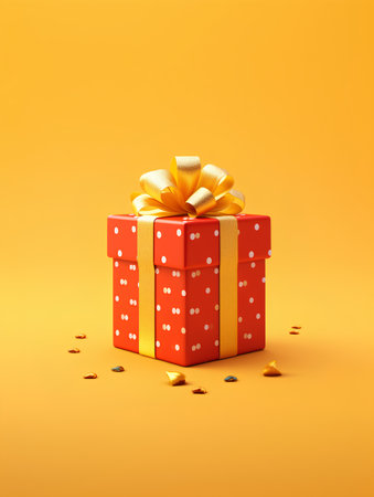 Gift box with bow and confetti on orange background. 3d illustrationの素材