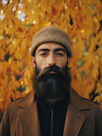 Bearded man, long beard. Brutal caucasian hipster with moustache in brown coat and beige hat on autumn backgroundの素材