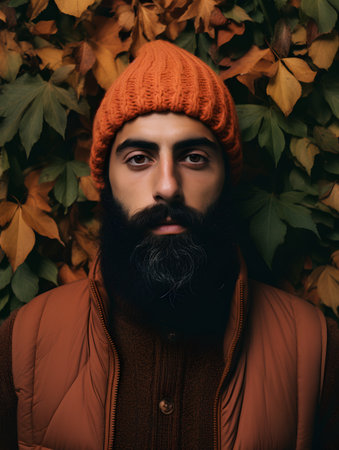 Bearded man, long beard. Brutal caucasian serious hipster with moustache in orange hat and jacket on autumn leaves backgroundの素材
