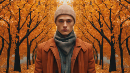 Portrait of a young man in a coat and a hat in the autumn forest.の素材