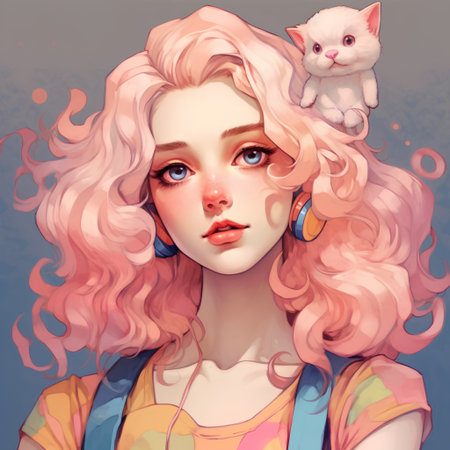 Portrait of a beautiful girl with pink hair and a cat.の素材