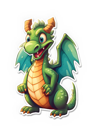Cute green dragon cartoon sticker isolated on white background. Vector illustration.の素材