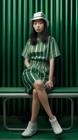 Portrait of a beautiful asian woman in green dress sitting on a benchの素材