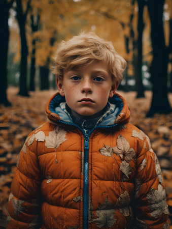 A boy in an orange jacket walks through the autumn forest. The boy looks at the camera.の素材