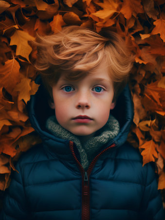 Portrait of a red-haired boy in a blue jacket against the background of autumn leavesの素材
