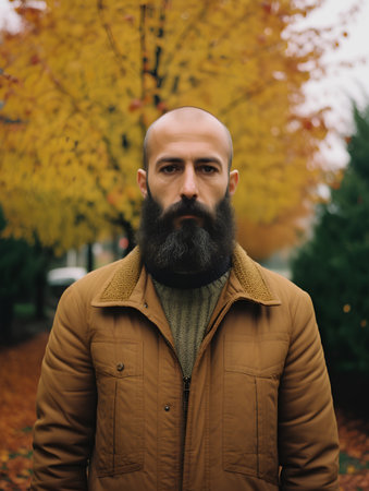 Portrait of a bearded man in a yellow jacket in the autumn park.の素材