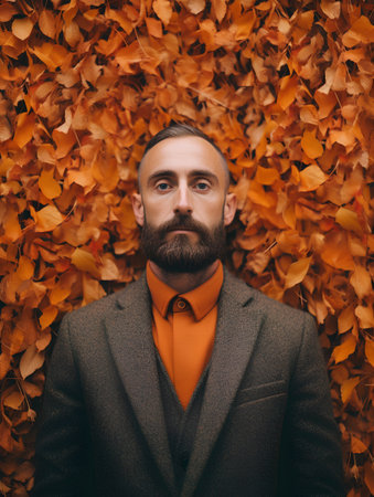 Portrait of a bearded man in a coat and bow tie on a background of autumn leavesの素材