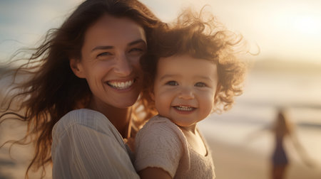 Portrait of a happy mother and daughter on the beach at sunsetの素材