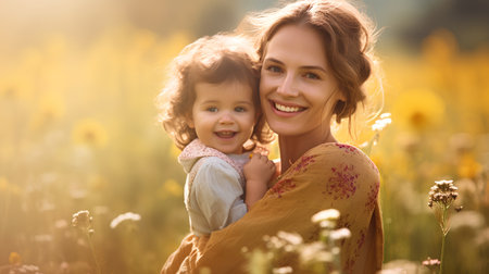 Portrait of happy mother and daughter in blooming meadow.の素材