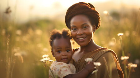 African mother with her daughter on the meadow in the sunset lightの素材