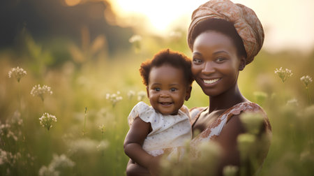 Happy African American mother with her baby in the meadow at sunsetの素材