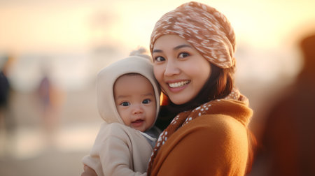 Portrait of a happy asian muslim mother with baby on the beachの素材