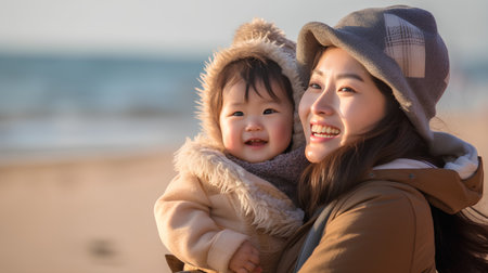 Mother and daughter playing together on the beach in winter. Happy family concept.の素材