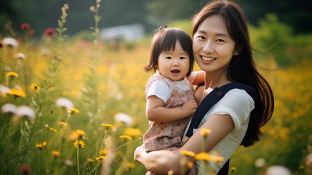 Happy asian mother and daughter in the meadow with yellow flowersの素材