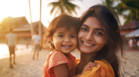 Portrait of a happy mother and daughter on the beach at sunsetの素材
