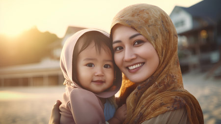 Portrait of happy muslim woman with her little daughter at sunsetの素材
