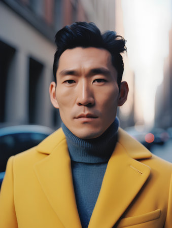 Portrait of a handsome asian man in a yellow coat on the streetの素材