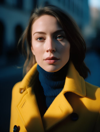 Portrait of a beautiful girl in a yellow coat on the streetの素材