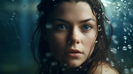 Young beautiful woman under the shower with water drops on her face.の素材