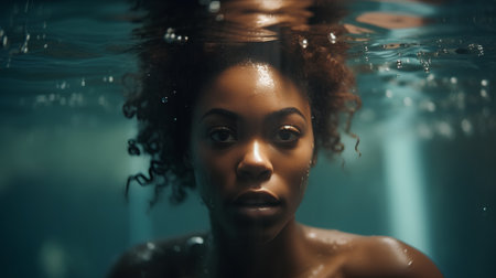 Portrait of a beautiful young african american woman under water.の素材