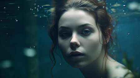 Portrait of beautiful young woman underwater, looking at the camera.の素材