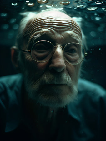 Portrait of an old man with a gray beard and glasses underwaterの素材