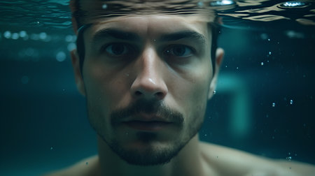 Portrait of a man in the water. Underwater shot.の素材