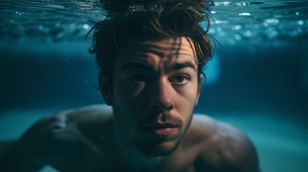 Portrait of a young man swimming underwater. Underwater shot.の素材