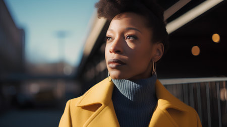 Beautiful african american woman in yellow coat looking at cameraの素材