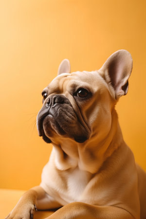 Portrait of a french bulldog on a yellow background with copy spaceの素材