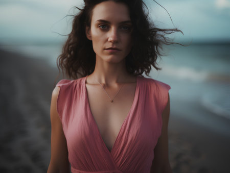 Portrait of a beautiful girl in a pink dress on the beachの素材