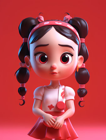 3d illustration of a cute Asian girl in a red dress.の素材