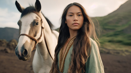 Beautiful asian woman with a white horse in the field.の素材