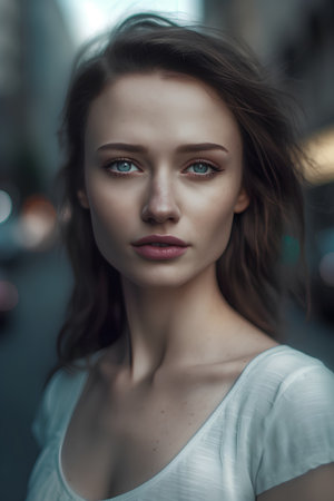 Closeup portrait of a beautiful young woman looking at camera in the cityの素材