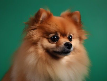 Portrait of Pomeranian dog on green background. Studio shot.の素材