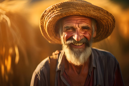Close up portrait of a senior farmer standing in a wheat field at sunsetの素材