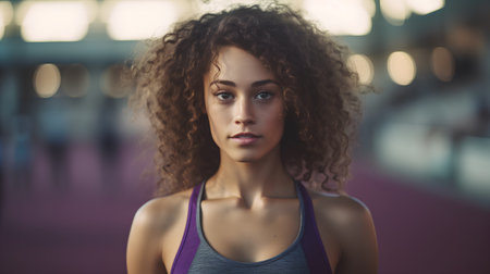 Portrait of a beautiful young woman with afro hairstyle in sportswearの素材