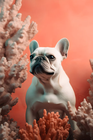 Cute french bulldog puppy sitting on a coral reef with copy space.の素材