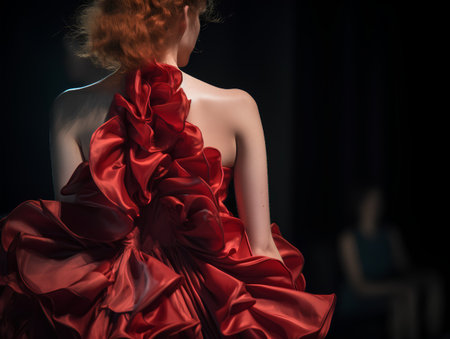 Beautiful red-haired girl in a red silk dress on a black backgroundの素材