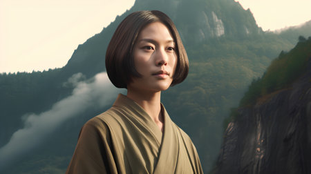 beautiful asian woman wearing a kimono in the mountainsの素材