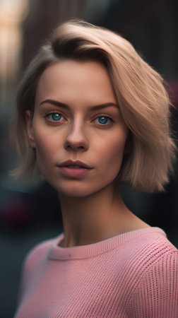 Portrait of a beautiful young blonde woman in a pink sweater.の素材