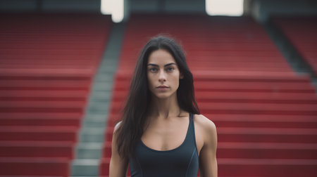 Portrait of a beautiful young woman in sportswear at the stadiumの素材