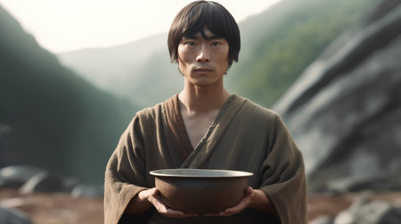 young asian man holding a bowl of tea in front of a mountainの素材