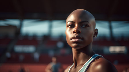 Portrait of beautiful African American woman in sportswear looking away while standing at stadiumの素材