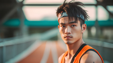Portrait of young handsome Asian man in sportswear looking at camera.の素材