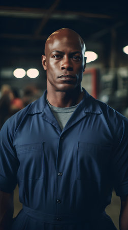 Portrait of handsome african american male mechanic standing in warehouseの素材