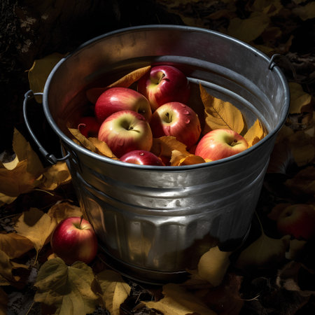 Autumn still life with apples and leaves in a metal bucket.の素材